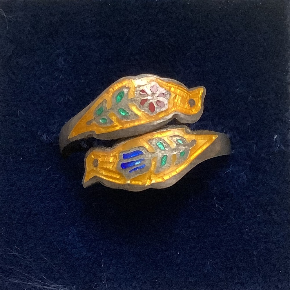 New Vintage sterling 925 cloisonné enamel bird spoon ring